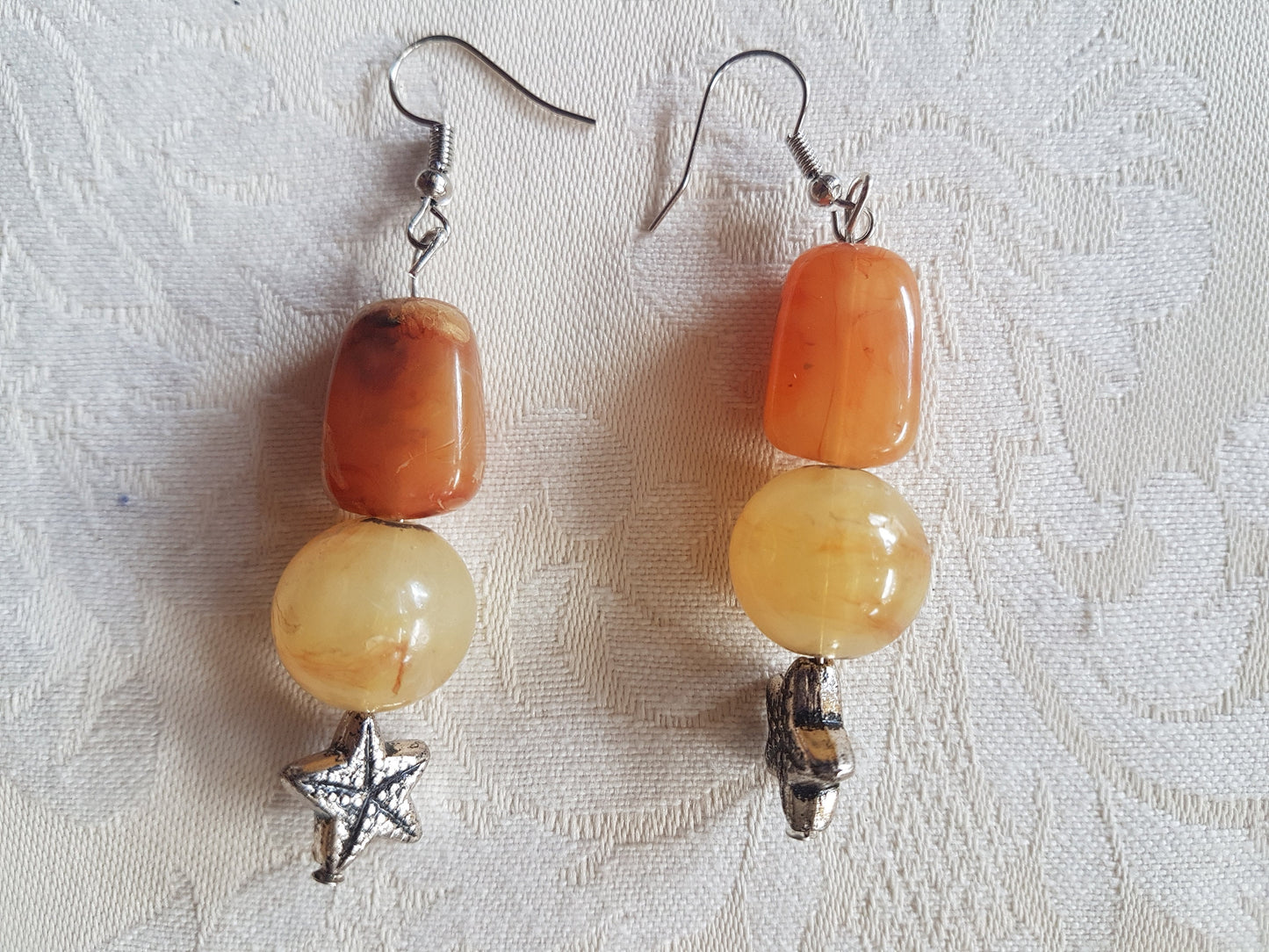 Brown Orange Starfish Silver Bead Earrings