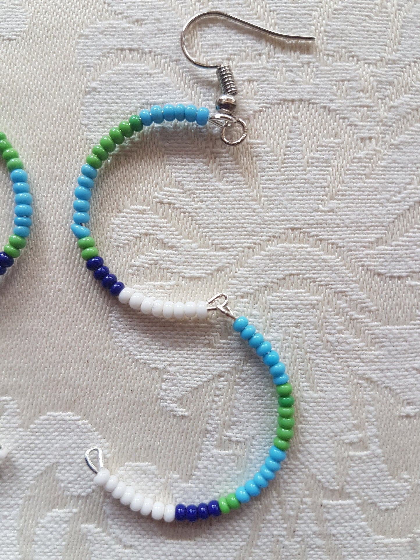 Blue Green White Seed Bead Earrings