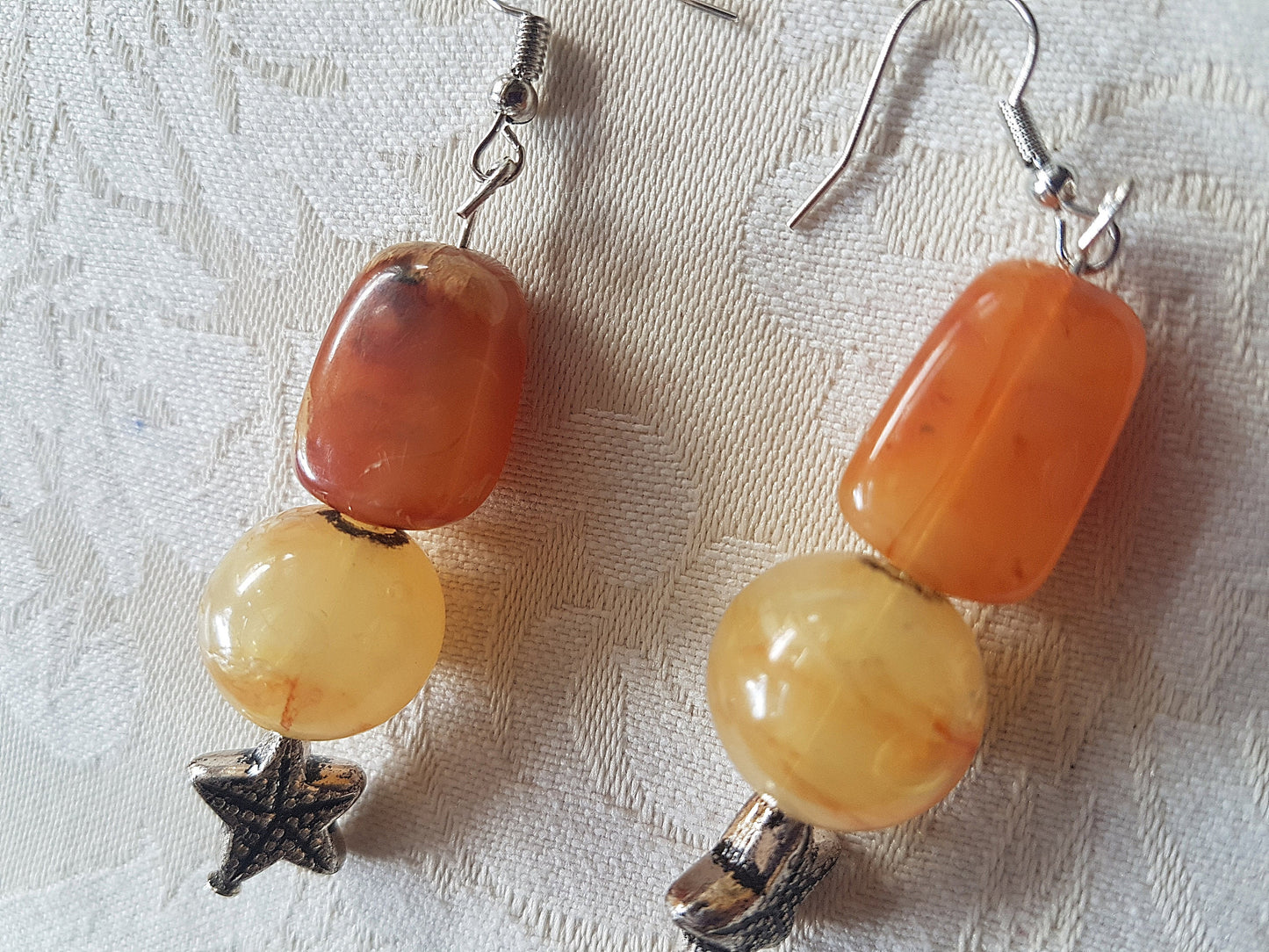 Brown Orange Starfish Silver Bead Earrings