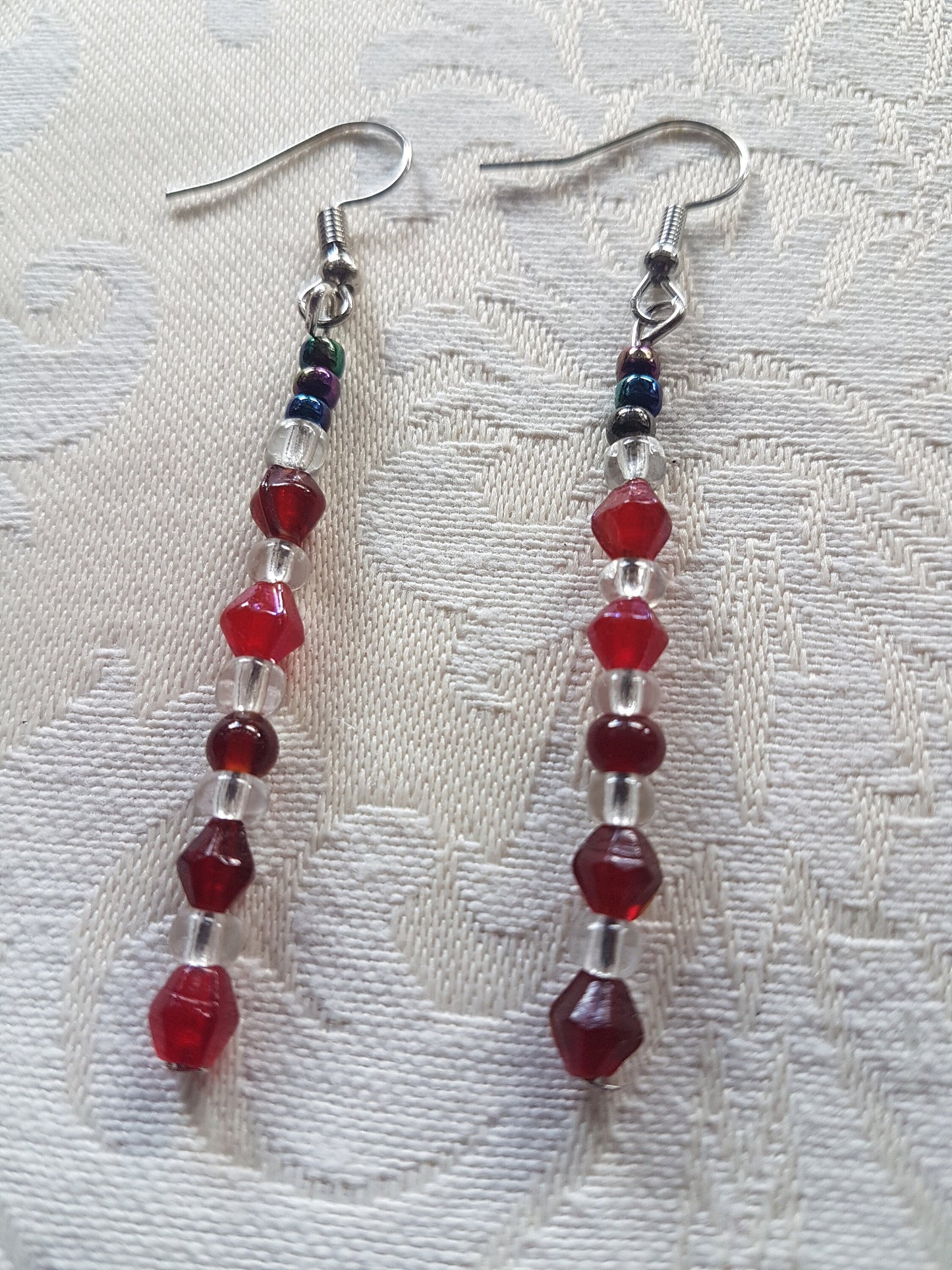 Red, Clear Bead Silver Dangle Earrings