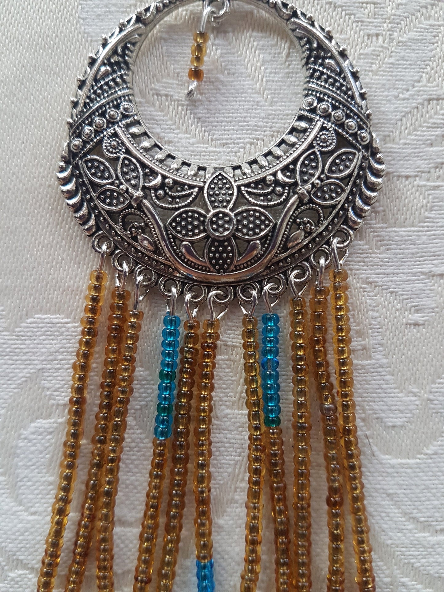 Blue Gold Seed Bead Silver Earrings