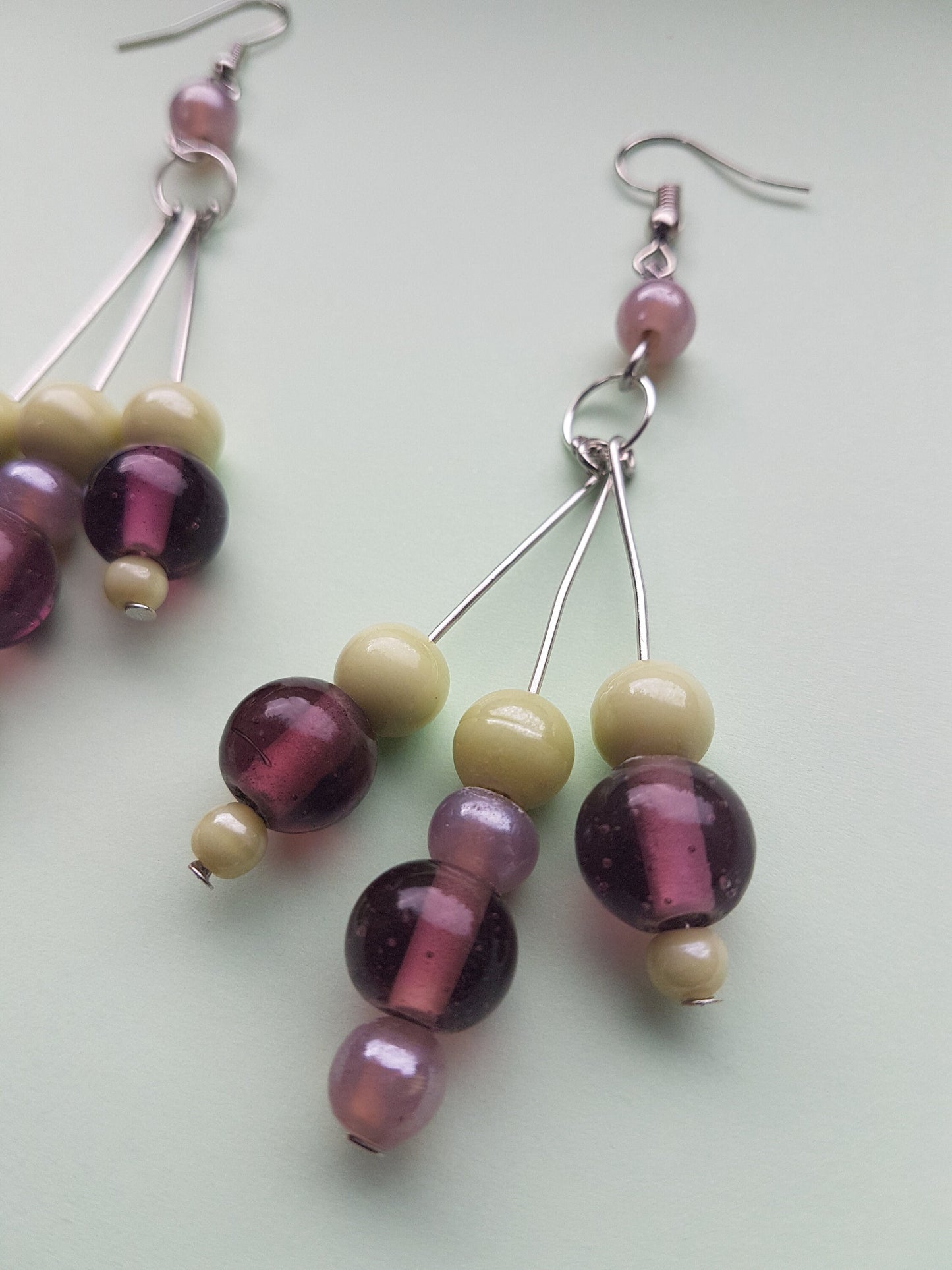 Green Purple Lilac Bead Silver Earrings