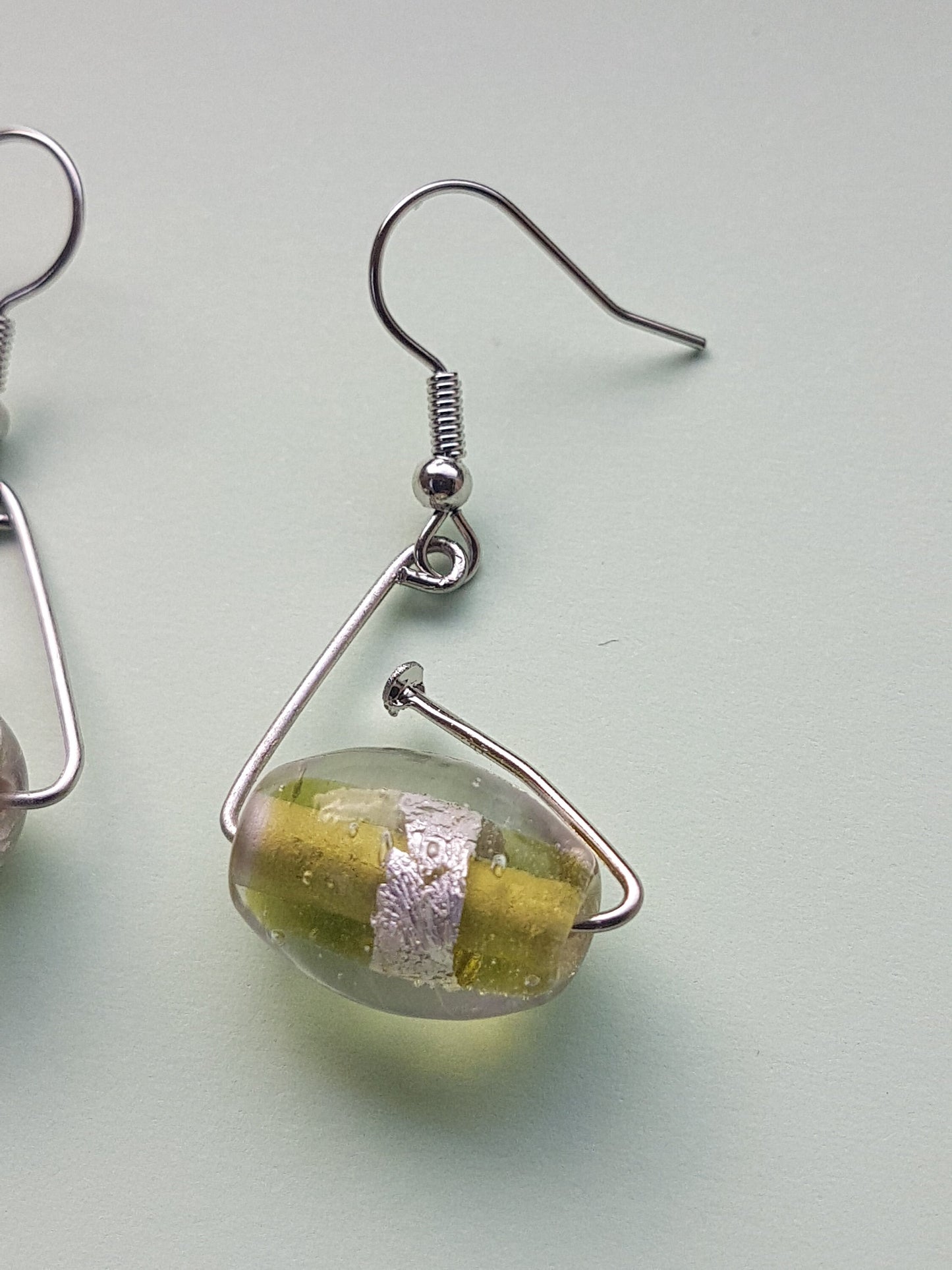Green Bead Silver Dangle Earrings