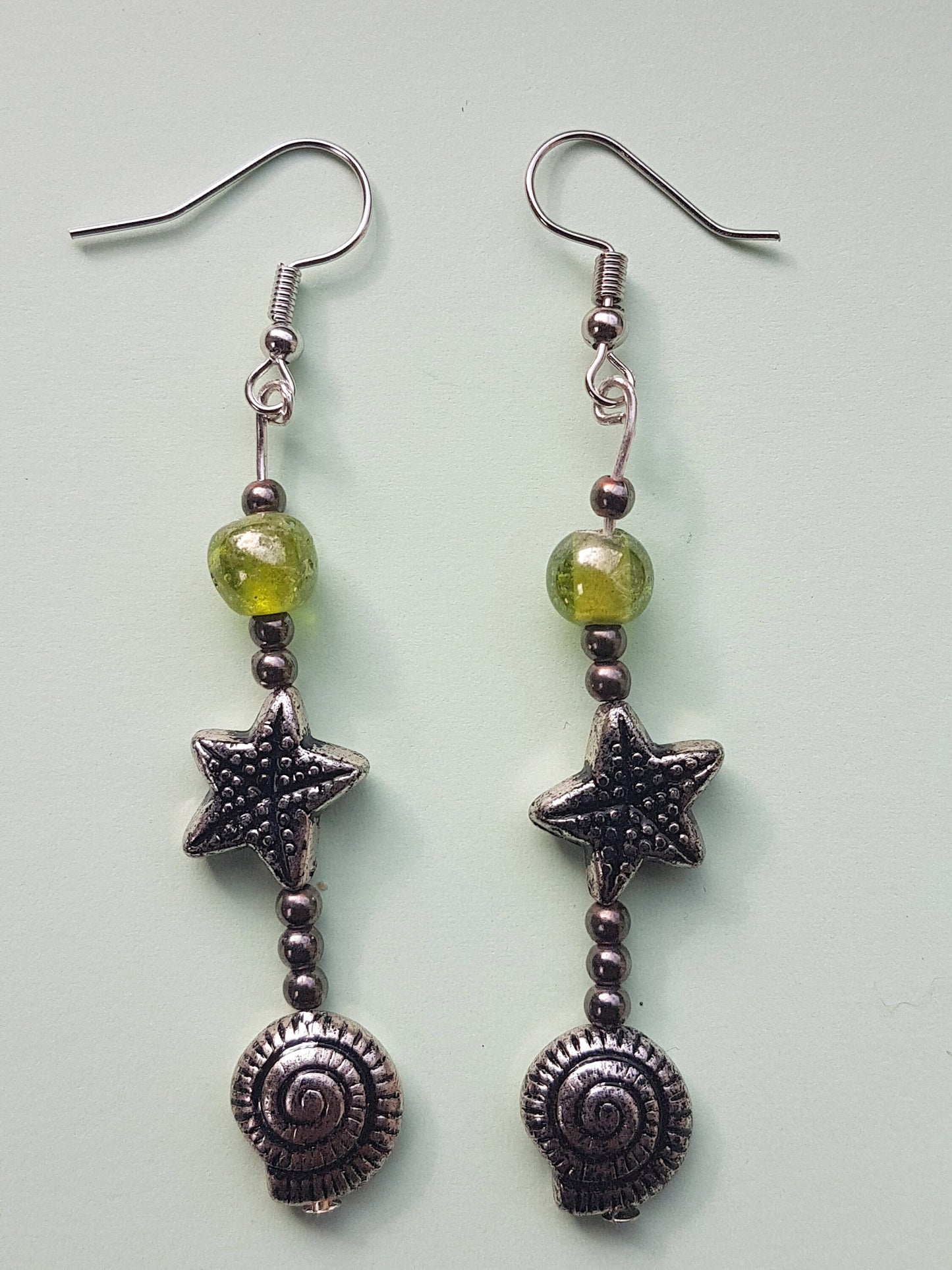 Green Bead Silver Starfish Shell Earrings