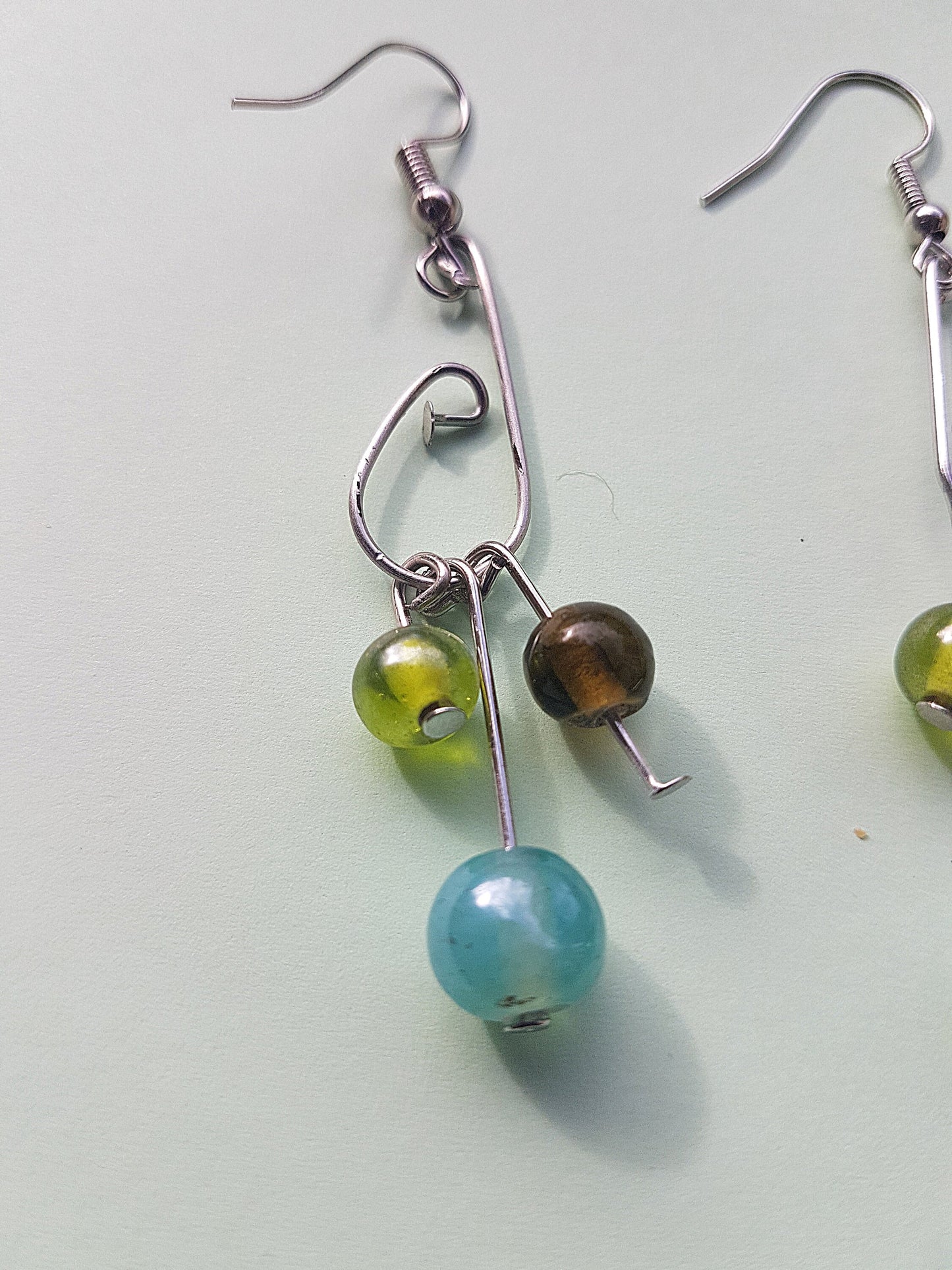 Green Blue Bead Silver Dangle Earrings