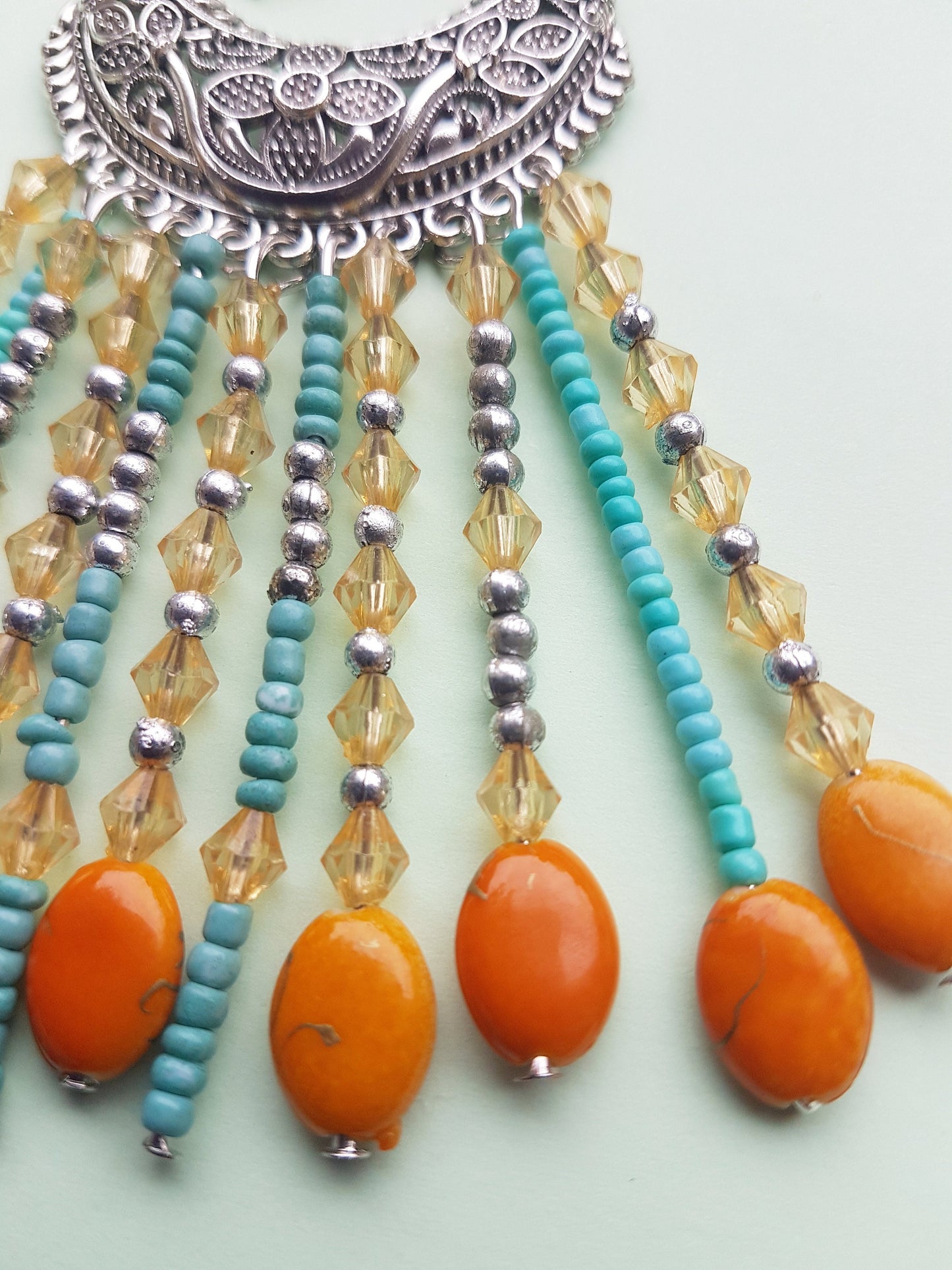 Egyptian Style Blue Orange Bead Silver Earrings