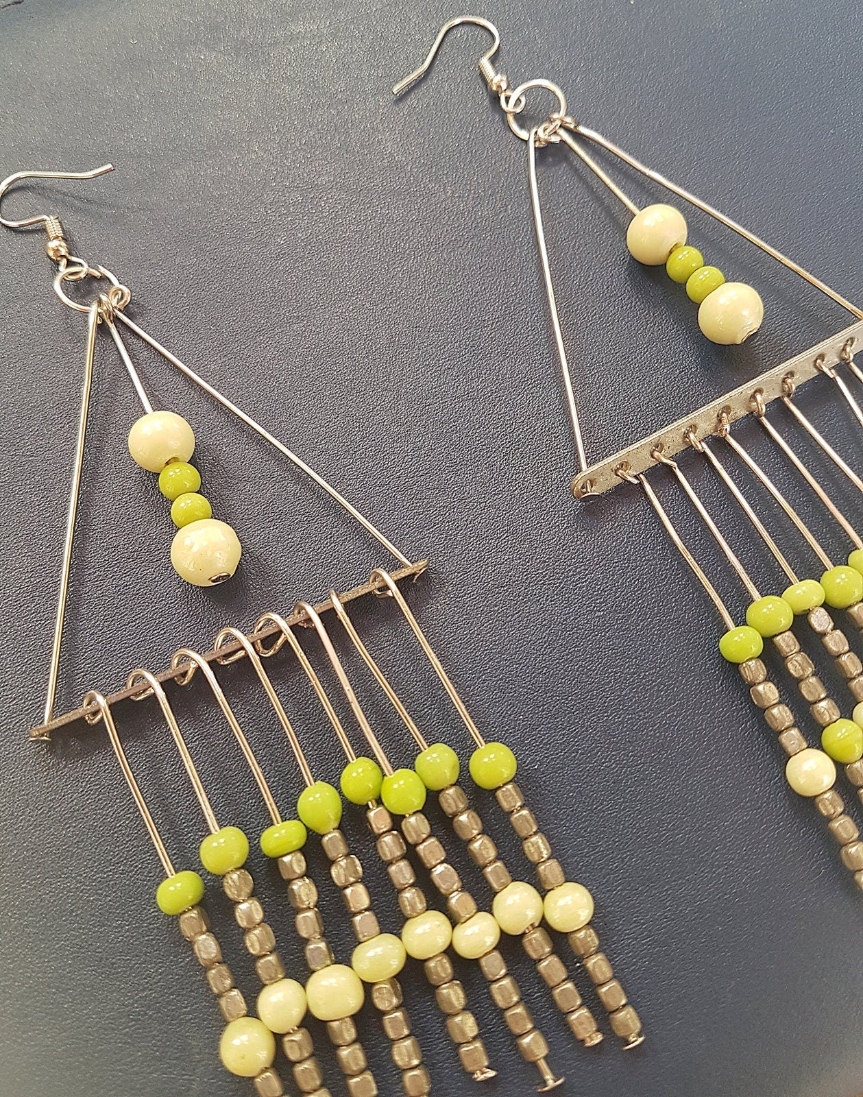 Green Bead Silver Dangle Earrings