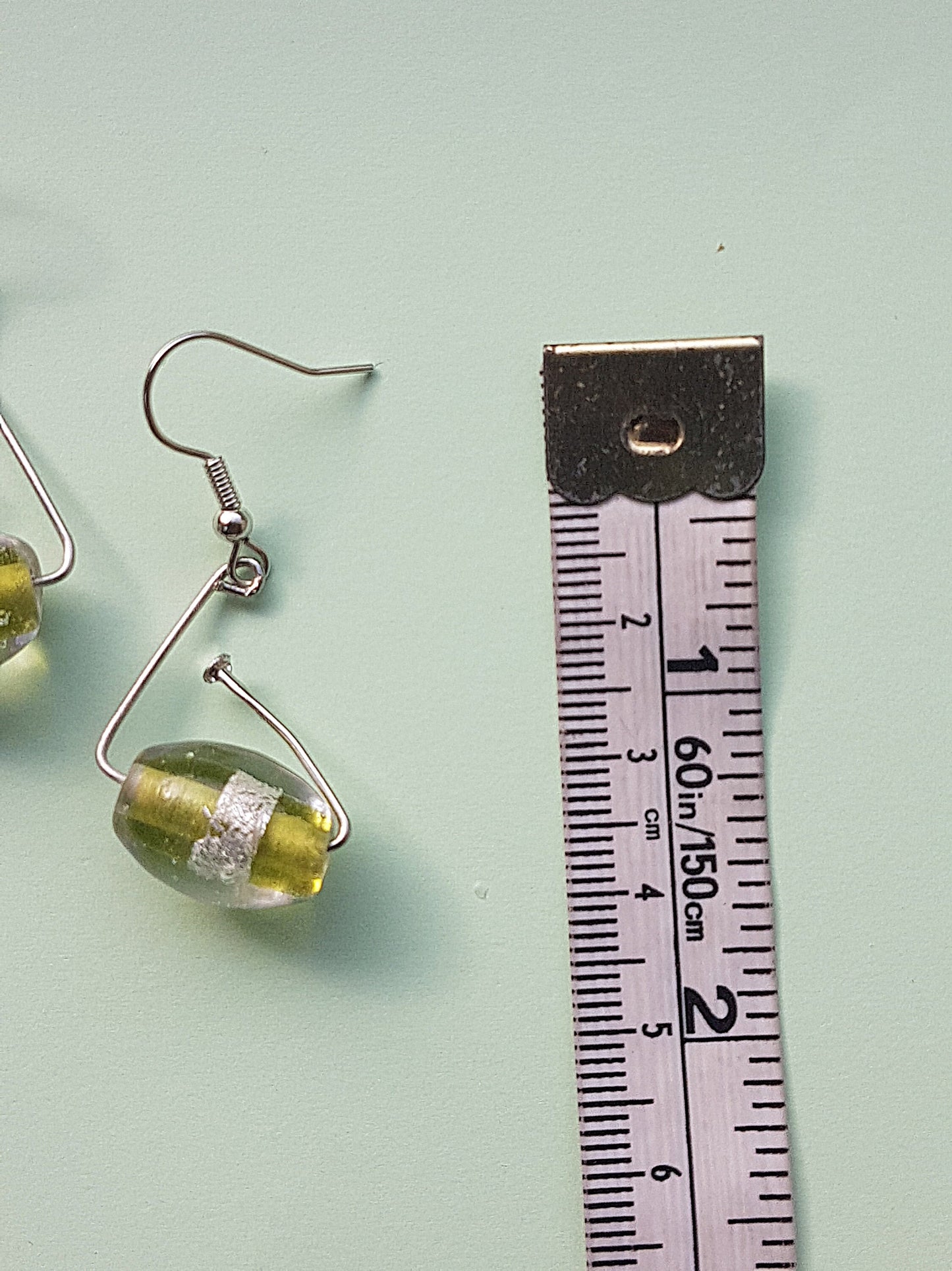 Green Bead Silver Dangle Earrings