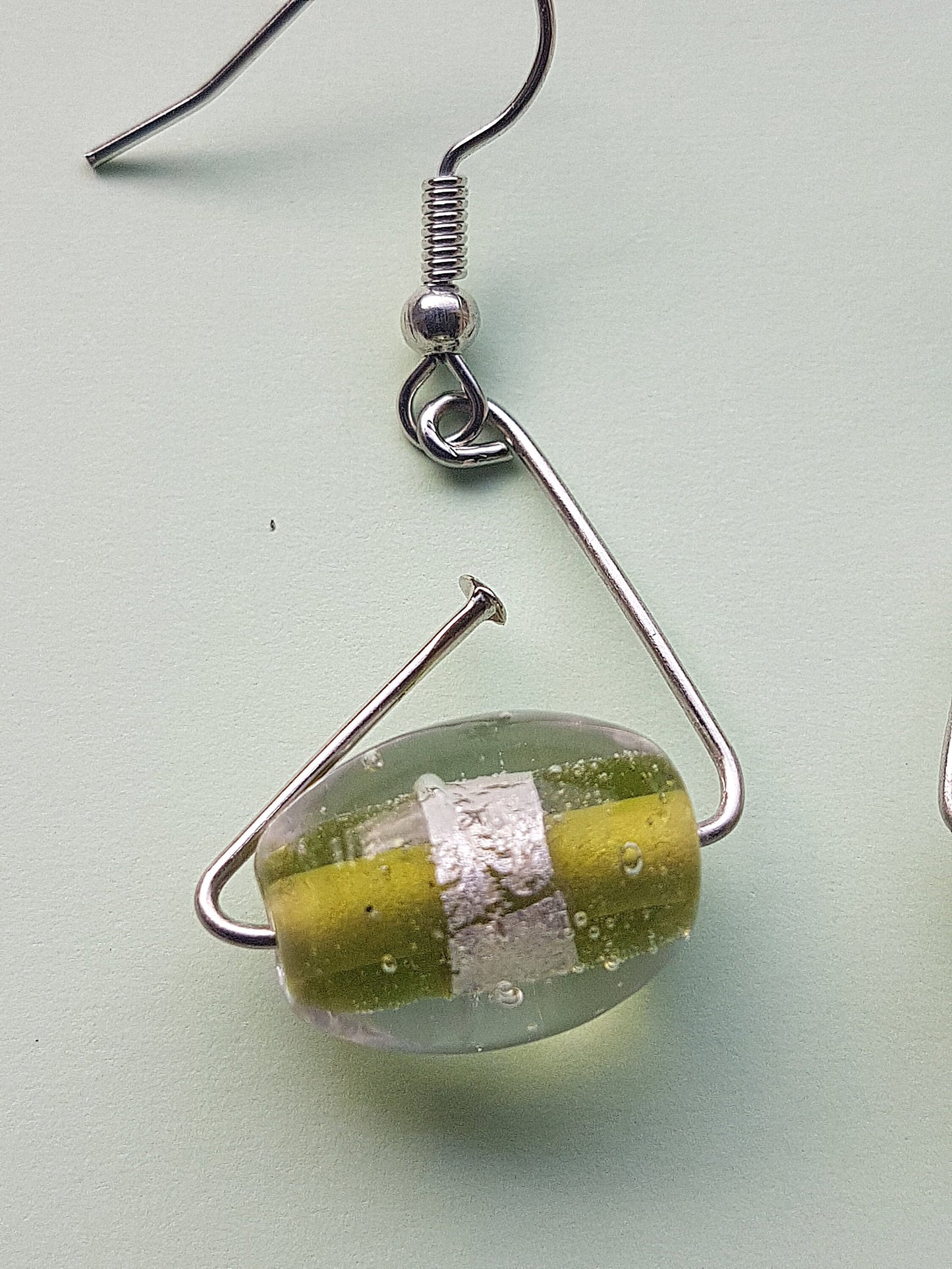 Green Bead Silver Dangle Earrings