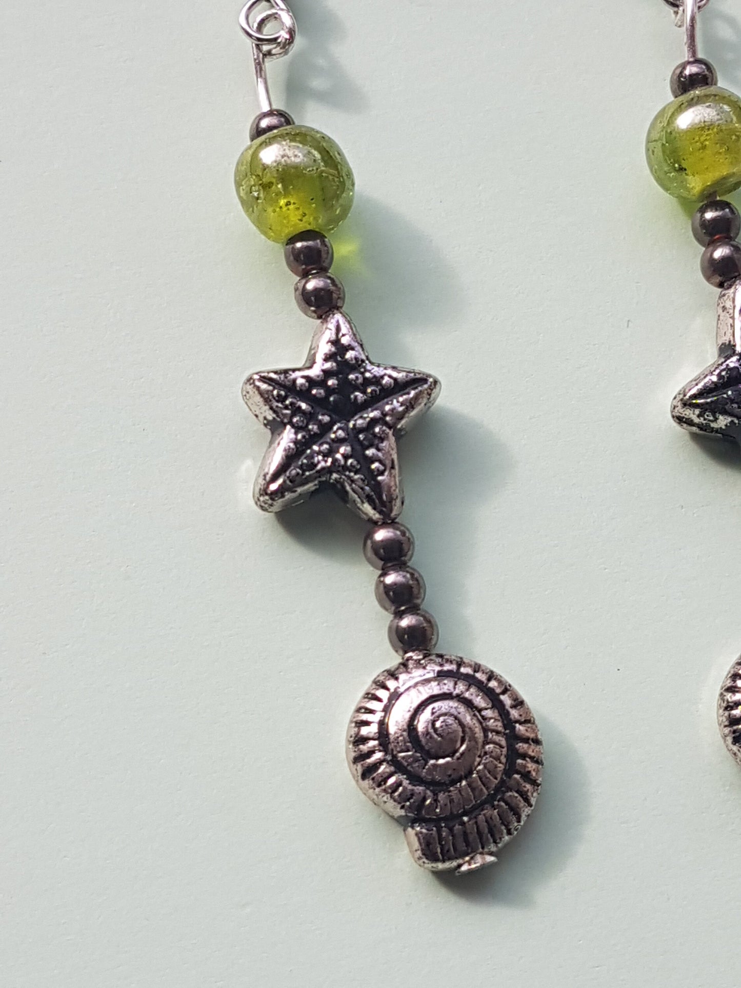 Green Bead Silver Starfish Shell Earrings