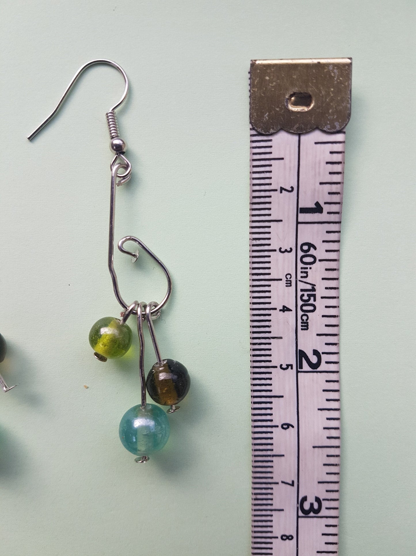 Green Blue Bead Silver Dangle Earrings