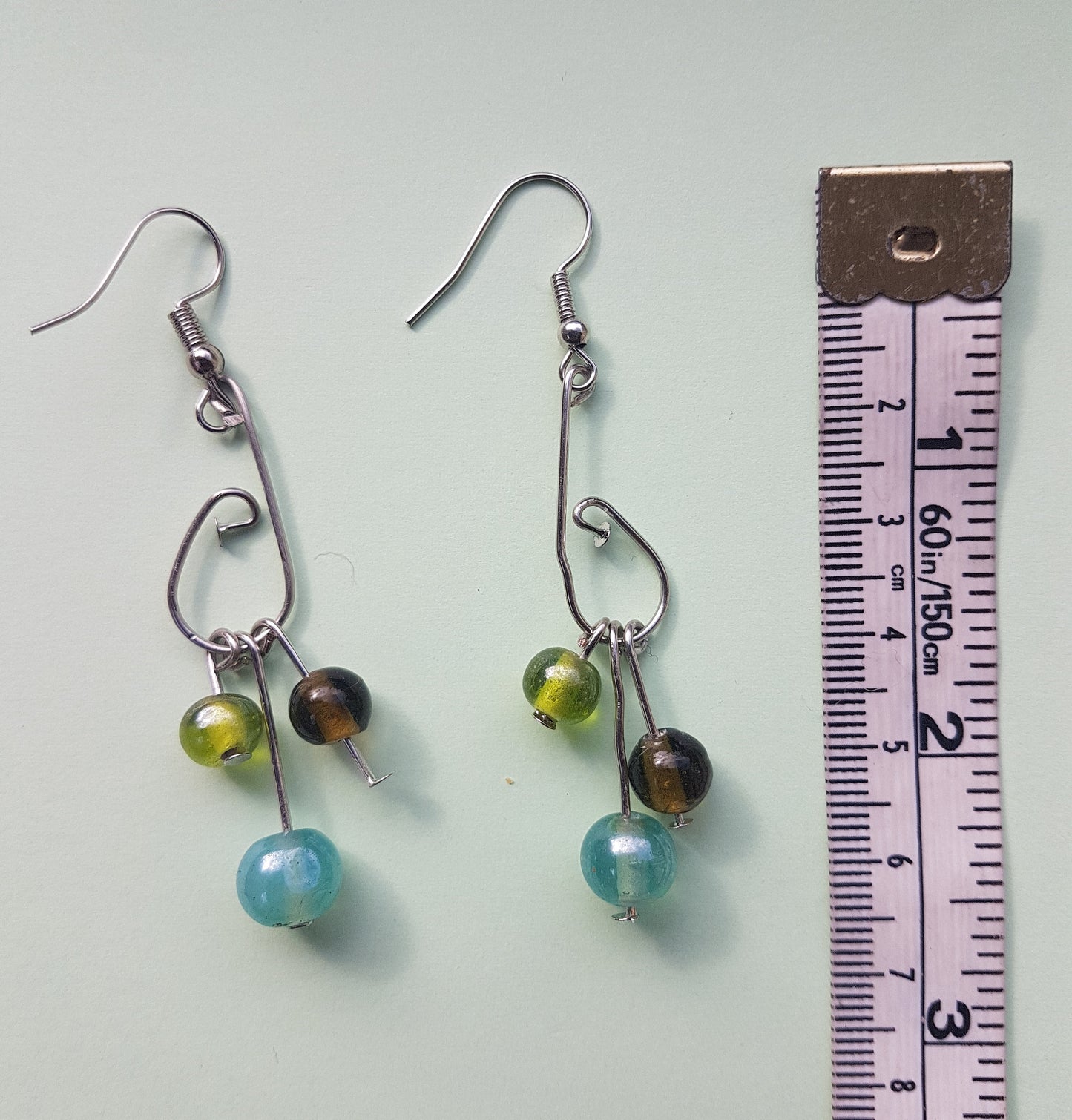 Green Blue Bead Silver Dangle Earrings