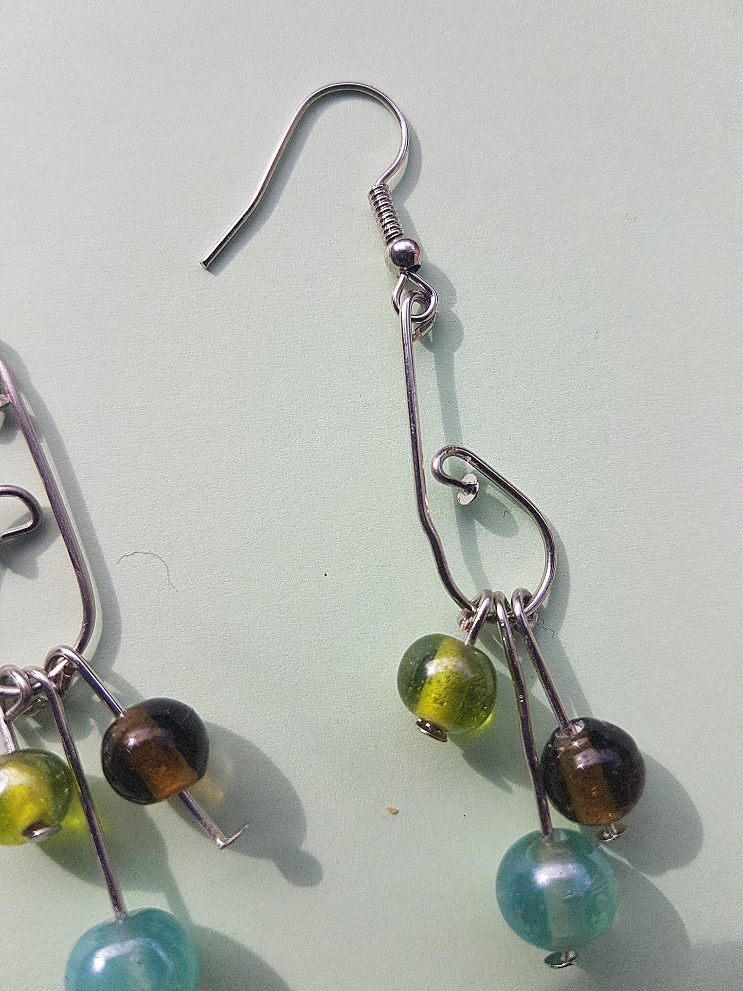 Green Blue Bead Silver Dangle Earrings