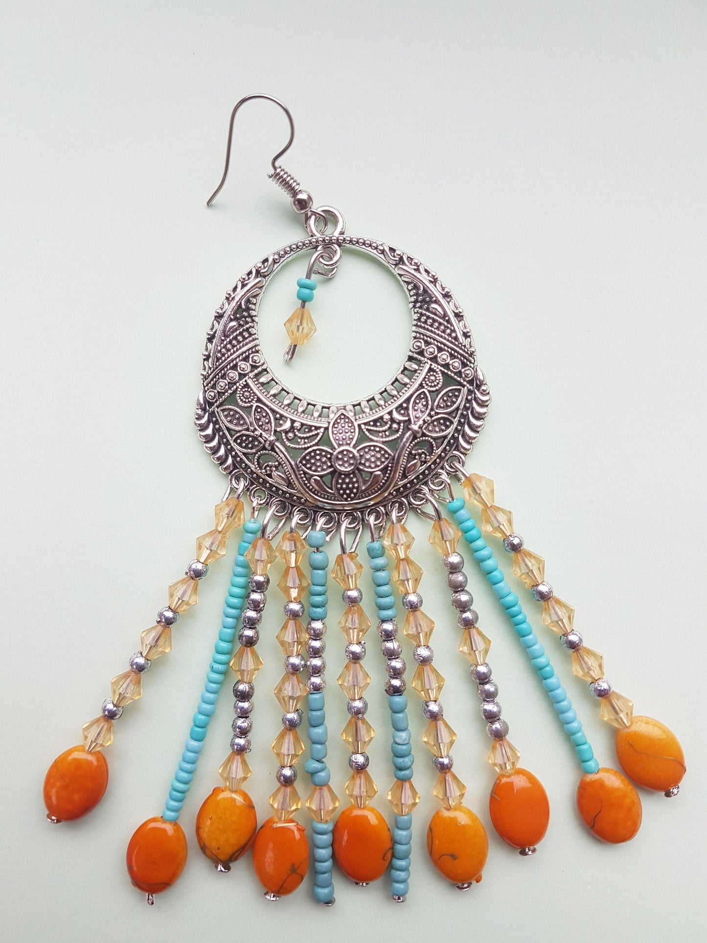 Egyptian Style Blue Orange Bead Silver Earrings