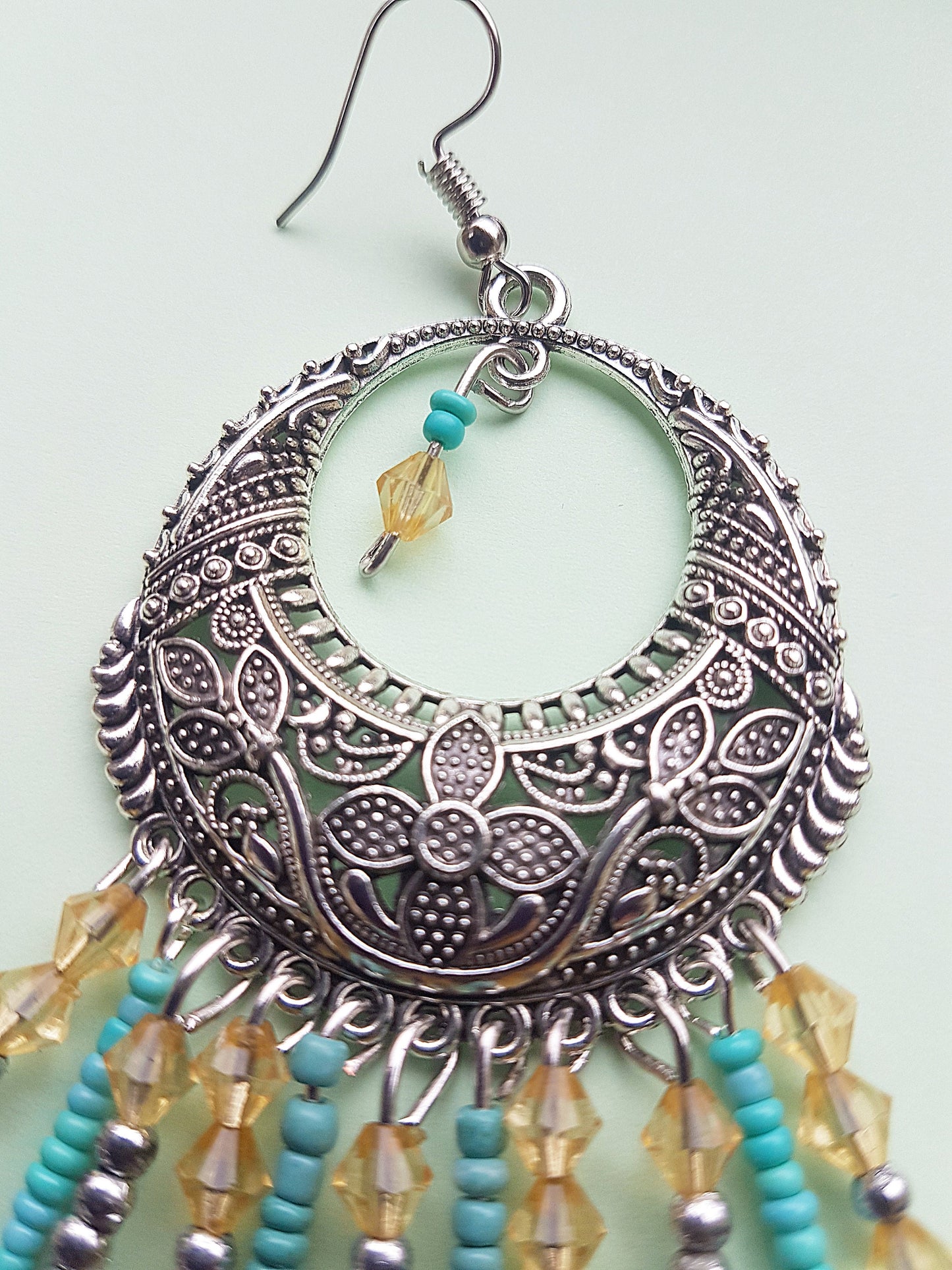 Egyptian Style Blue Orange Bead Silver Earrings