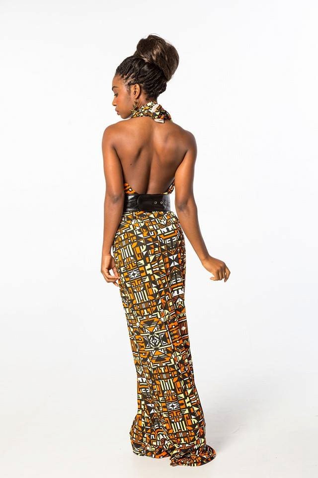 Halterneck Geometric Black Orange Yellow Pattern Dress