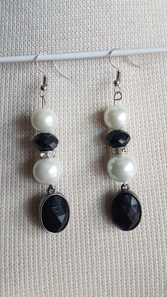 Pearl, Black And Silver Art Deco Style Earrings