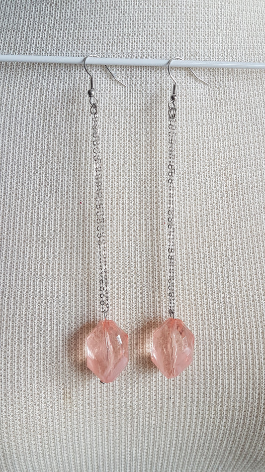 Extra Long Drop Silver Pink Bead Dangle Earrings