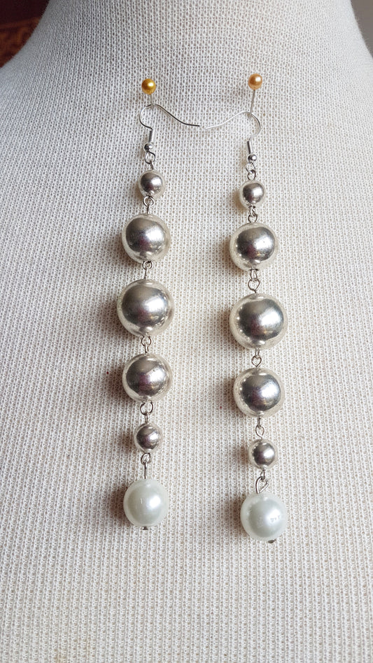 Silver Pearl Ball Dangle Earrings