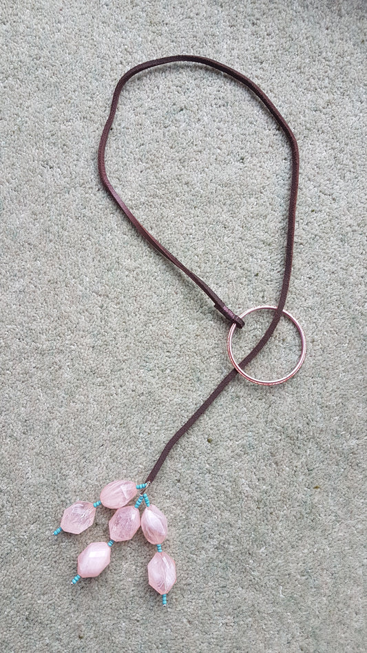 Leather Lasso And Pink Bead Necklace