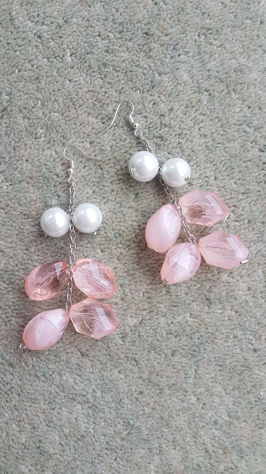 Pink Bead, Pearl And Chain Earrings