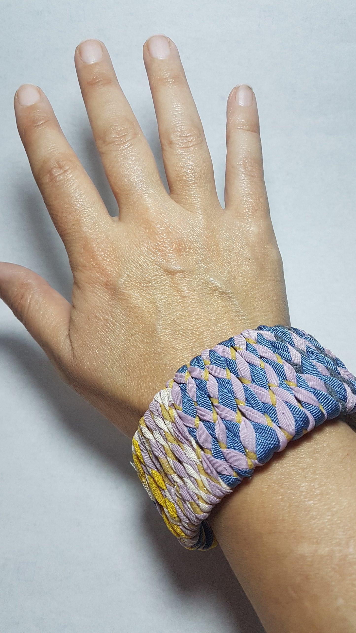 Blue Dusky Pink Cream Yellow Braided Chunky Bangle MEDIUM