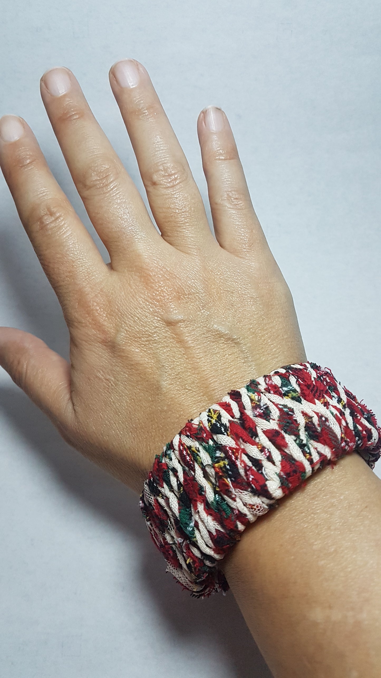 Red Green Cream Braided Chunky Bangle MEDIUM