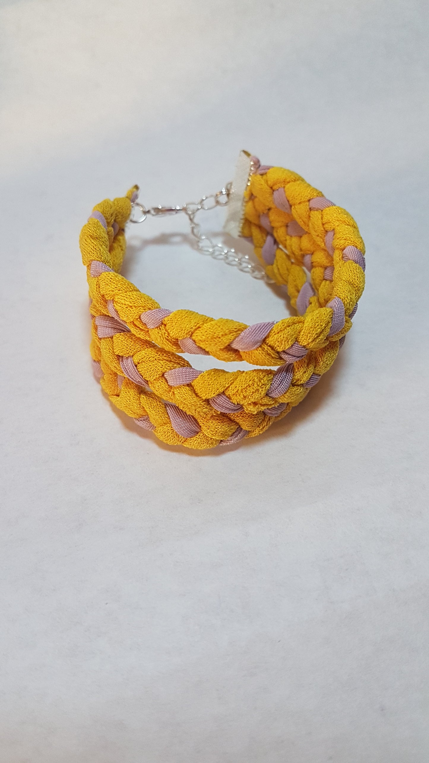 Pink Yellow Braided Three Strand Silver Bracelet