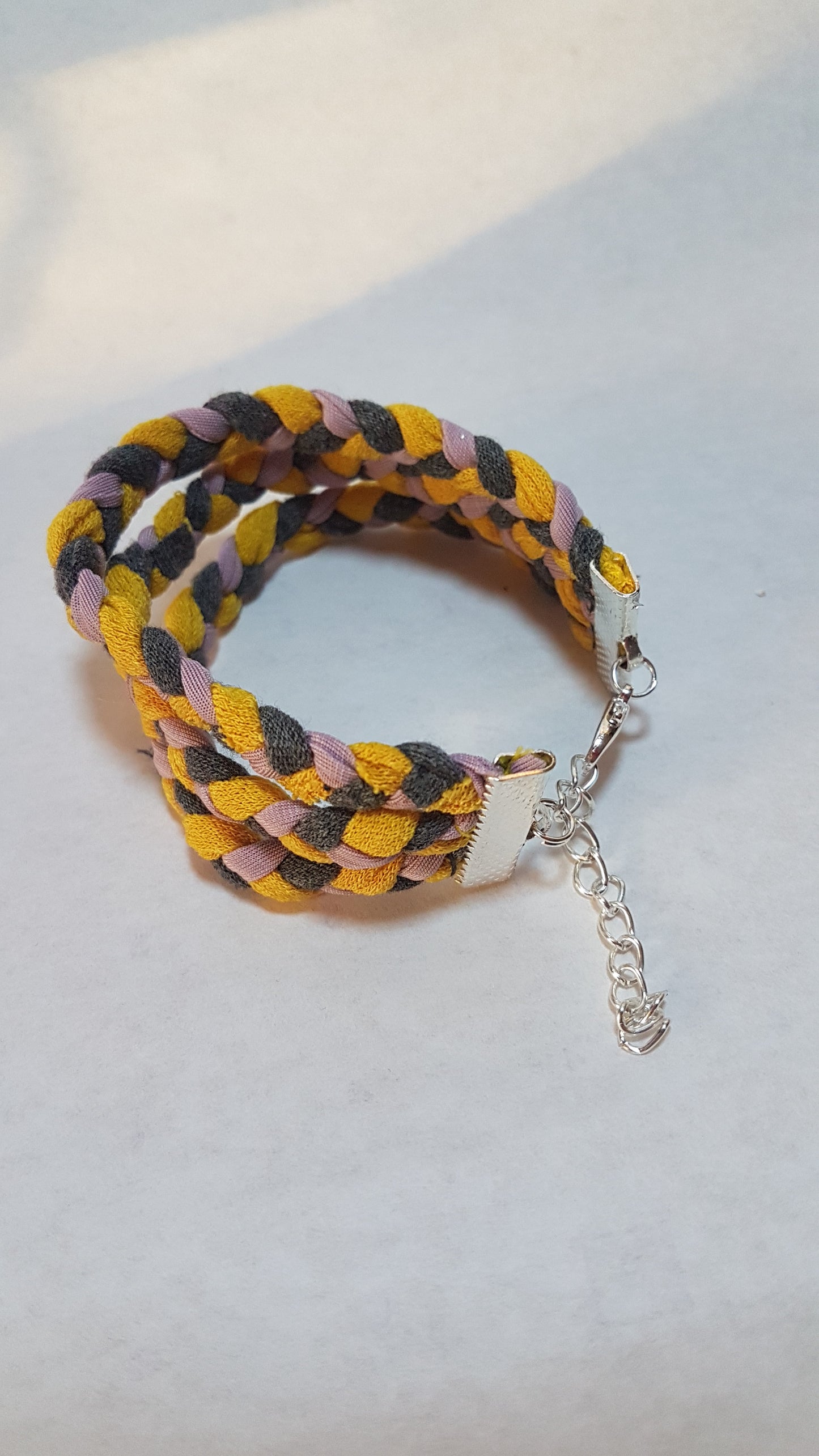 Grey Pink Yellow Braided Three Strand Silver Bracelet