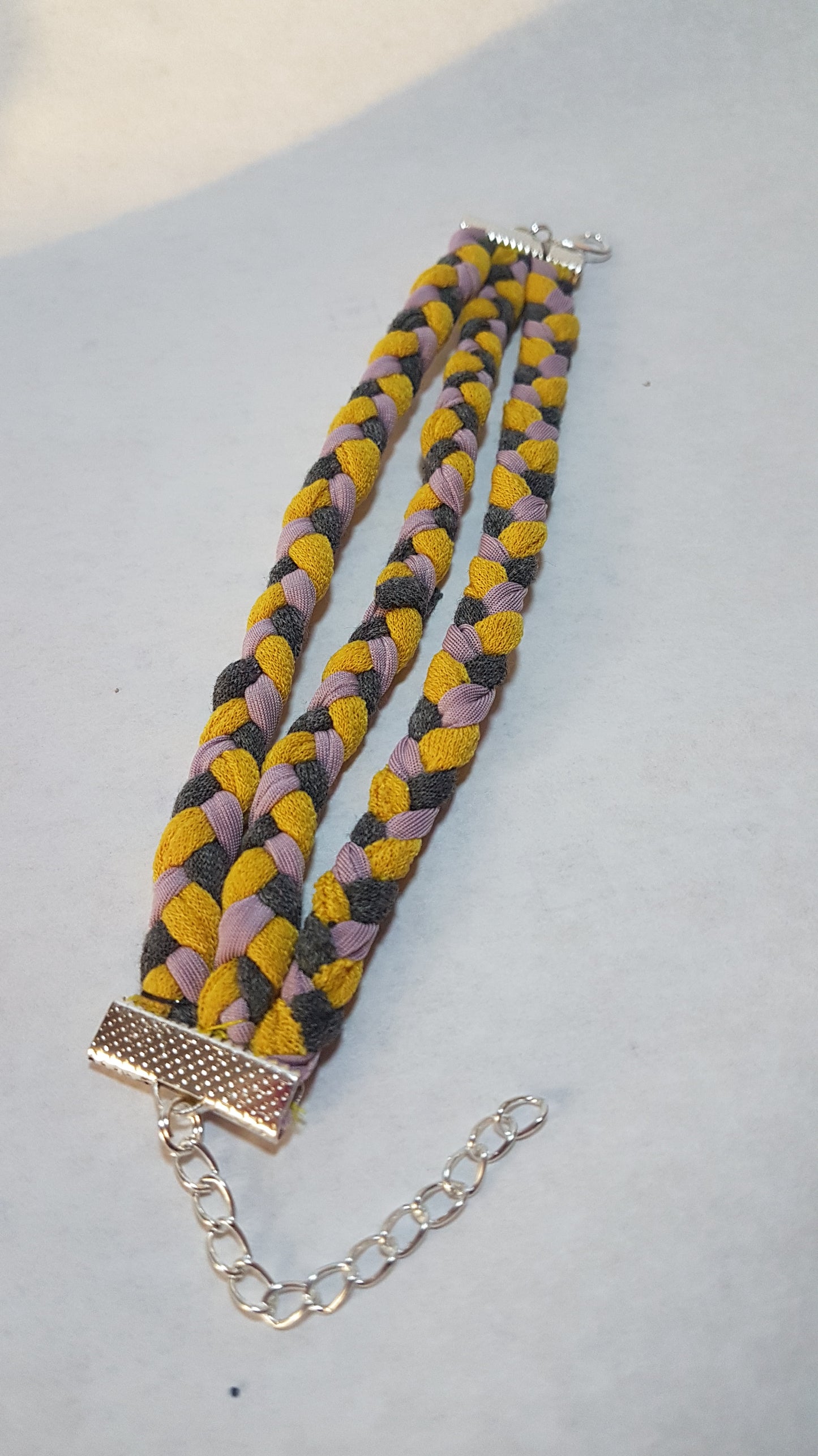 Grey Pink Yellow Braided Three Strand Silver Bracelet