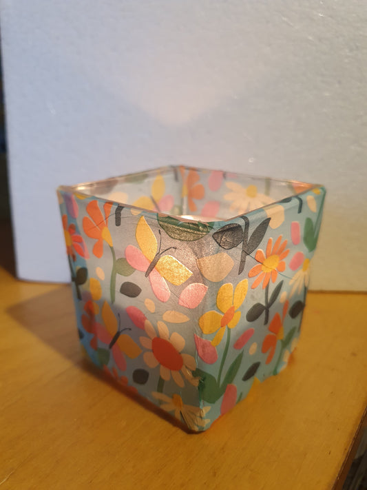 Small Blue Floral Hand Decorated Candle Tea Light Holder Home Decor Gift