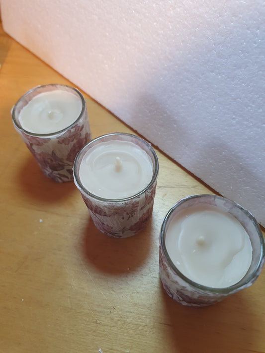 Votive Candle Set x 3 Pink Floral Hand Decorated Home Decor Gift