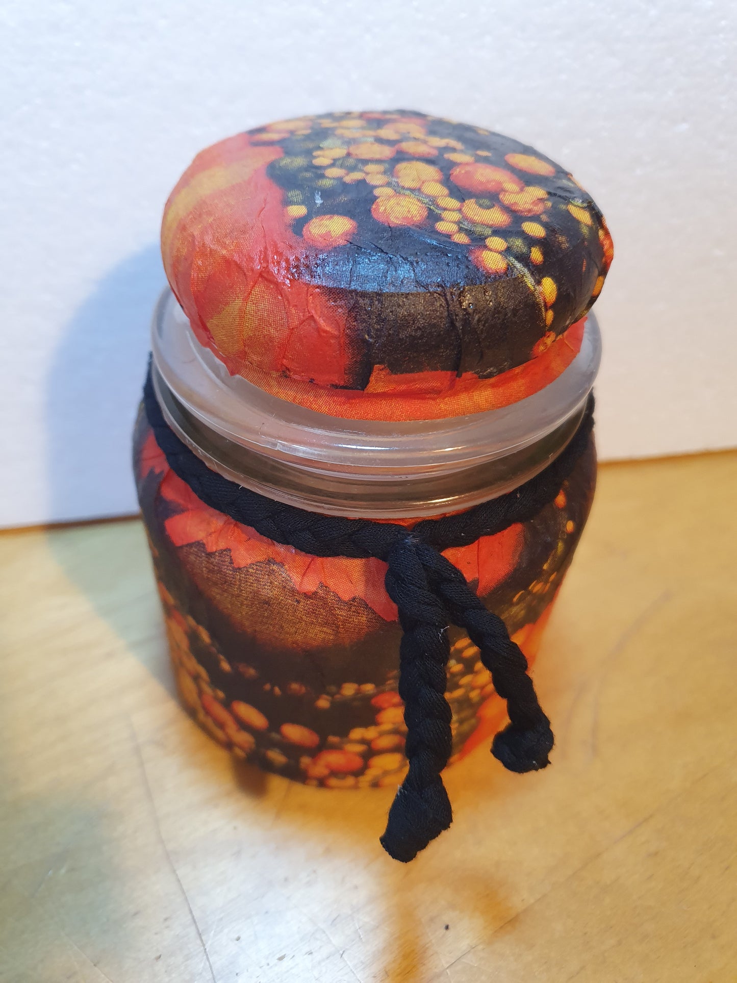 Medium Orange Black Floral Hand Decorated Candle Storage Jar With Lid Home Decor Gift