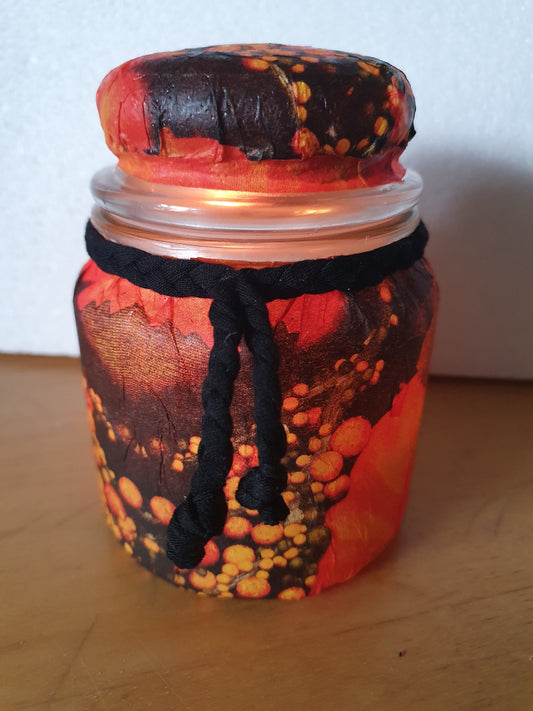 Medium Orange Black Floral Hand Decorated Candle Storage Jar With Lid Home Decor Gift