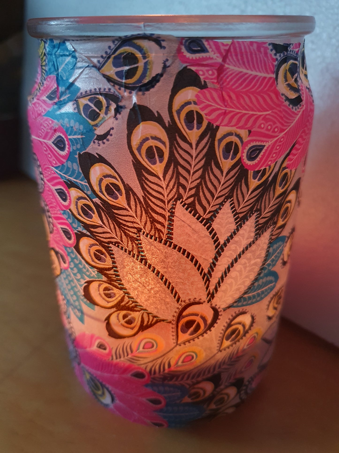 Medium Pink Purple Feather Hand Decorated Candle Storage Jar Pen Pot Home Decor Gift