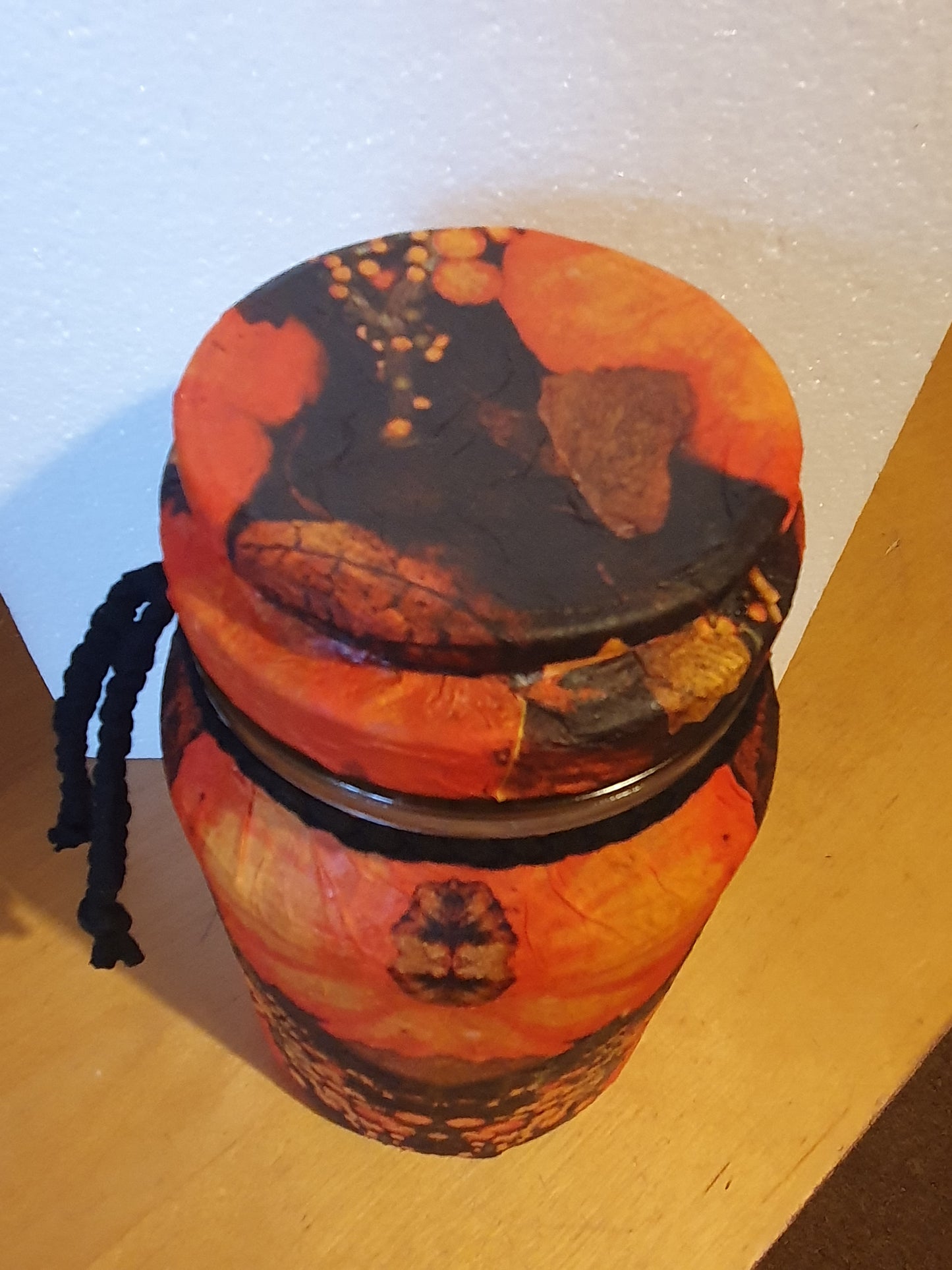 Large Orange Black Floral Hand Decorated Candle Storage Jar With Lid Home Decor Gift