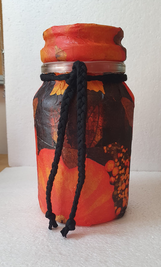 Large Orange Black Floral Hand Decorated Candle Storage Jar With Lid Home Decor Gift