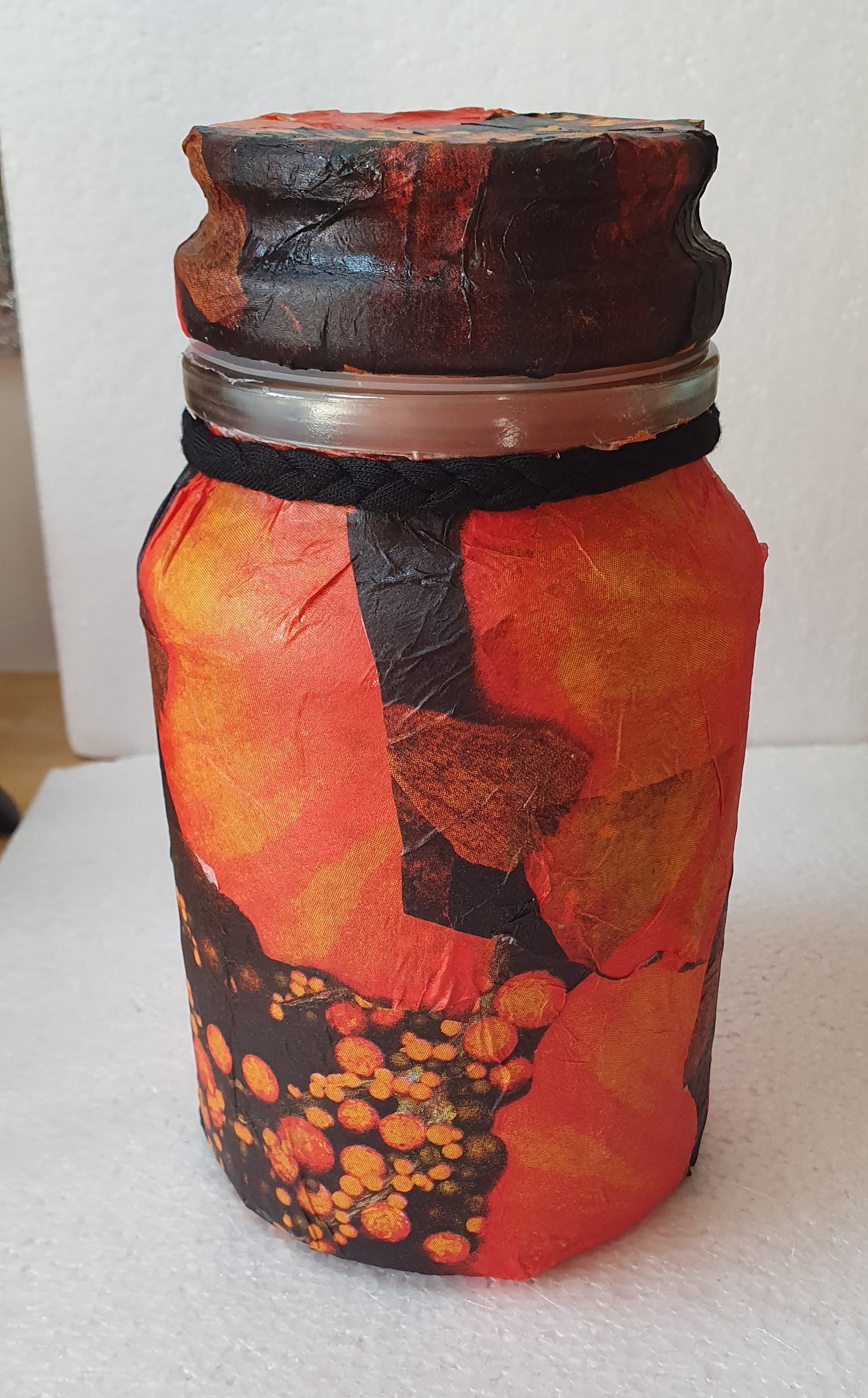 Large Orange Black Floral Hand Decorated Candle Storage Jar With Lid Home Decor Gift