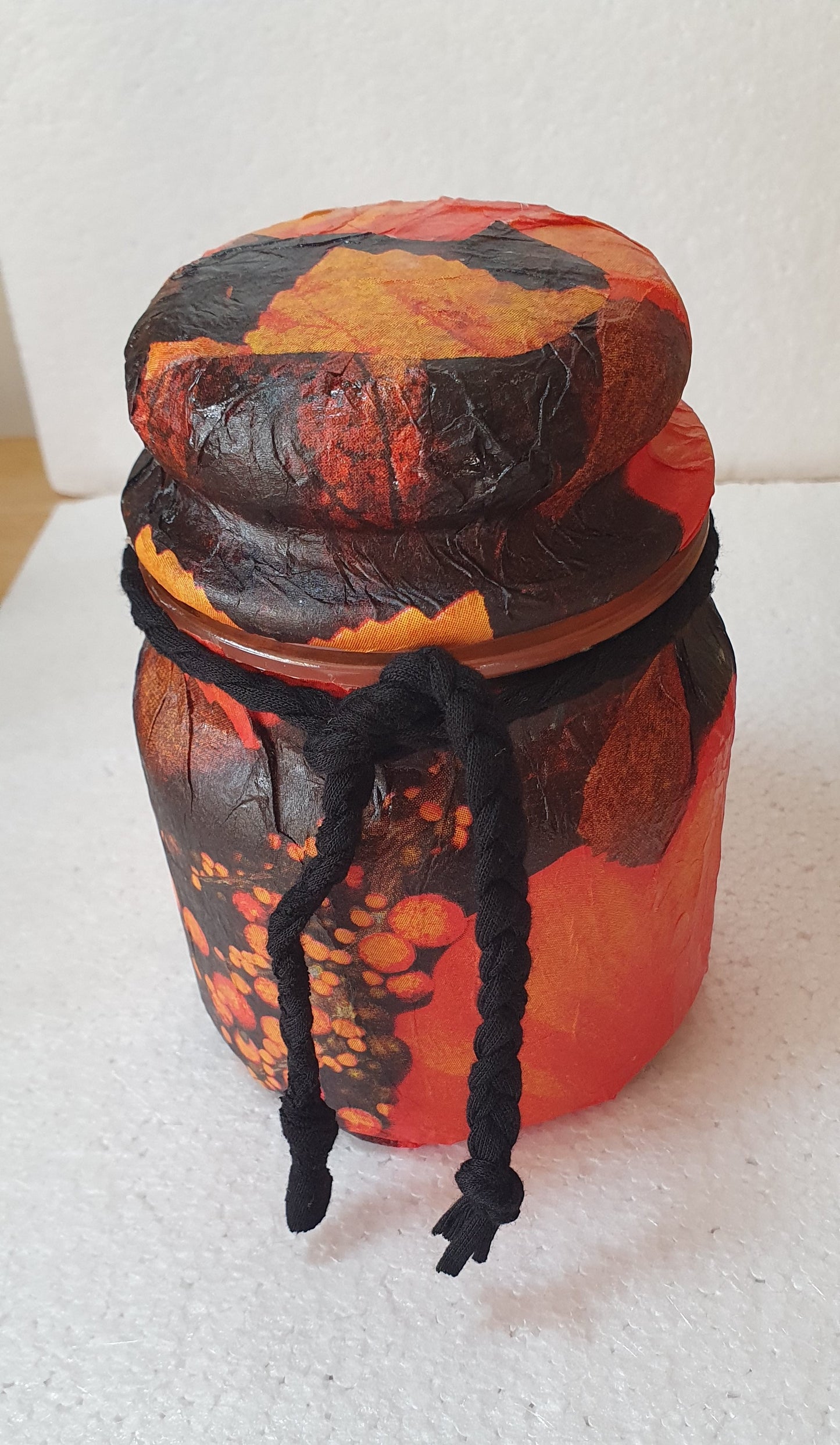 Medium Orange Black Floral Hand Decorated Candle Storage Jar With Lid Home Decor Gift