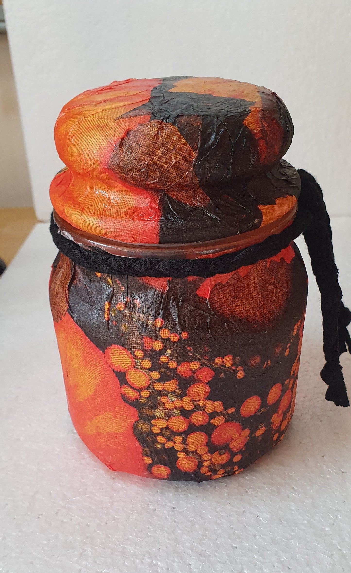 Medium Orange Black Floral Hand Decorated Candle Storage Jar With Lid Home Decor Gift