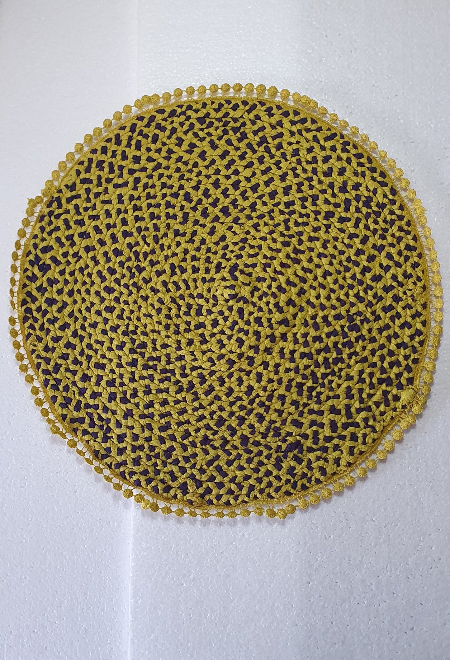 Handmade Large Round Coaster Centrepiece Lime Yellow Green Purple Lace Trim