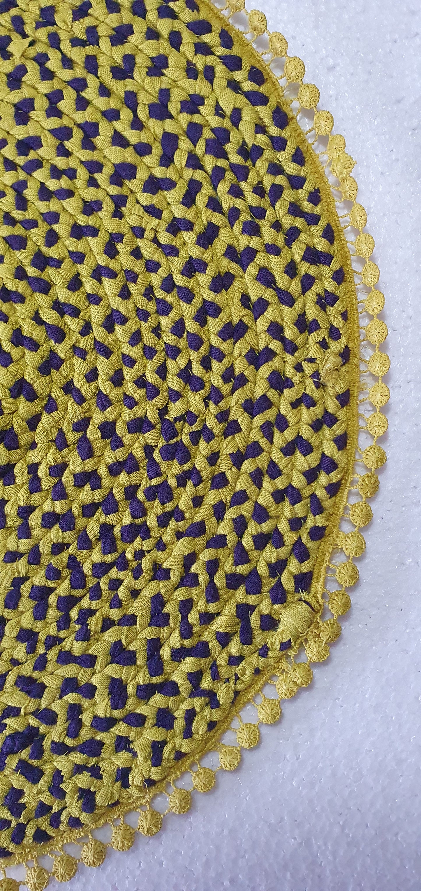 Handmade Large Round Coaster Centrepiece Lime Yellow Green Purple Lace Trim