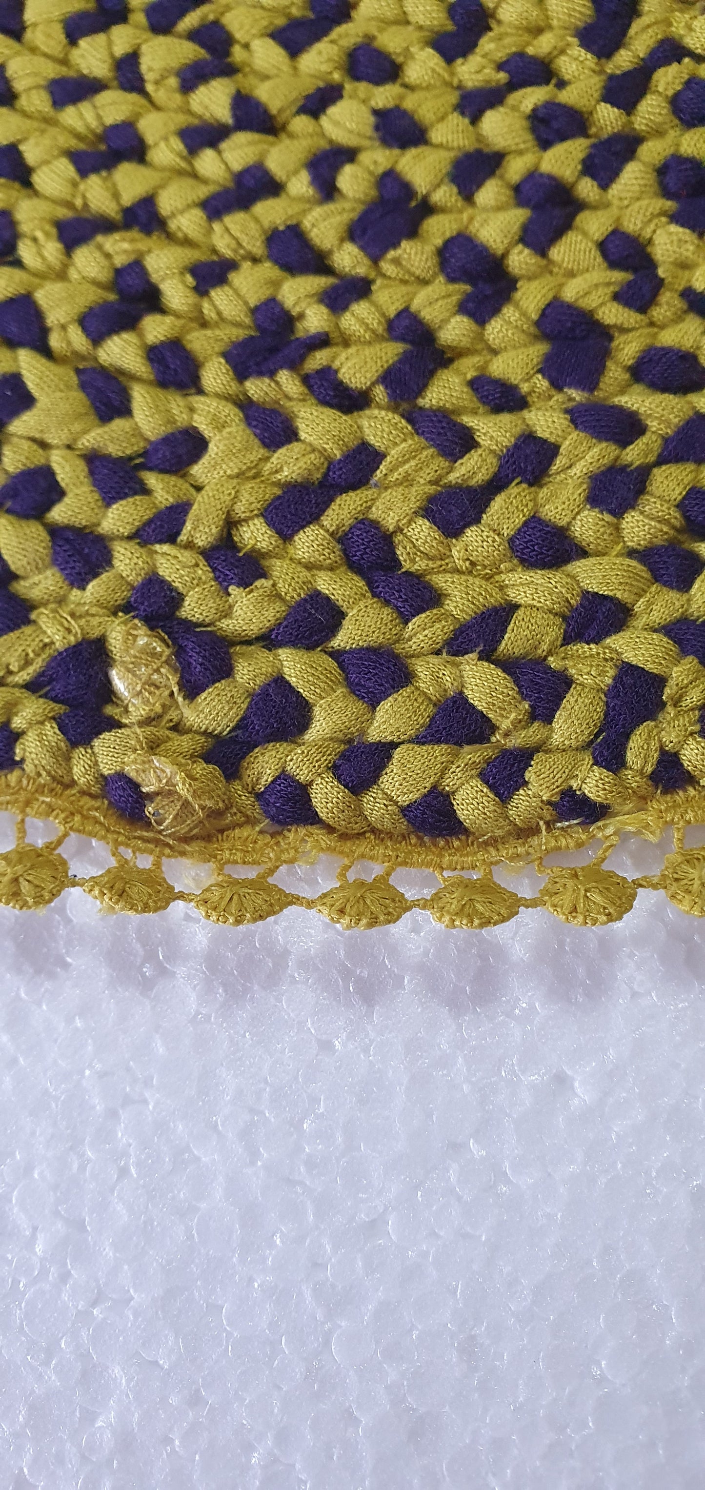 Handmade Large Round Coaster Centrepiece Lime Yellow Green Purple Lace Trim