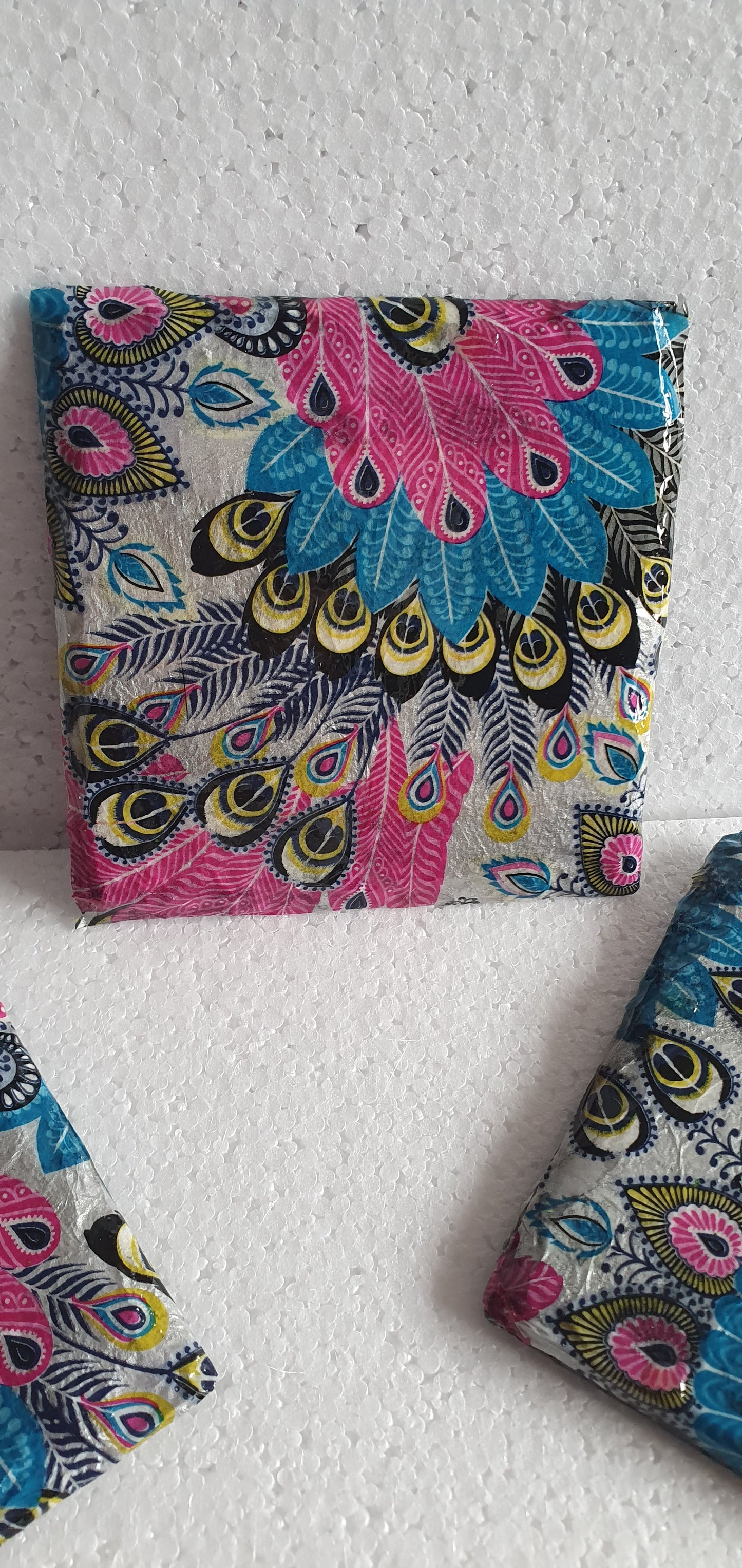 Decoupage Peacock Tail Pattern Blue Pink Yellow Coasters Set Of Three Home Decor Gift