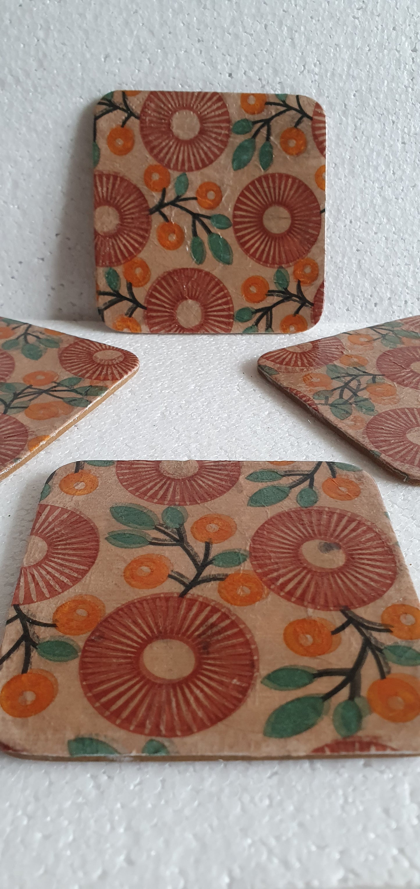 Decoupage Brown Green Retro Coasters Set Of Four Home Decor Gift
