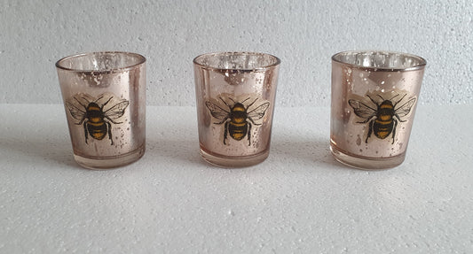 Tea Light Jar Set x 3 Pink Mirrored Bumble Bees Hand Decorated Home Decor Gift