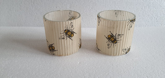 2 Bumble Bee Beige Hand Decorated Candle Tea Light Holders Home Decor Gift