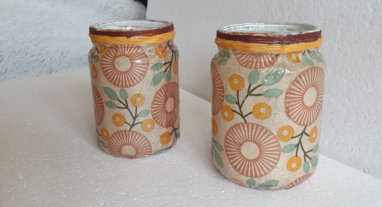 Retro Pattern Brown Green Hand Decorated Desk Tidy Set Of Two Home Decor Gift