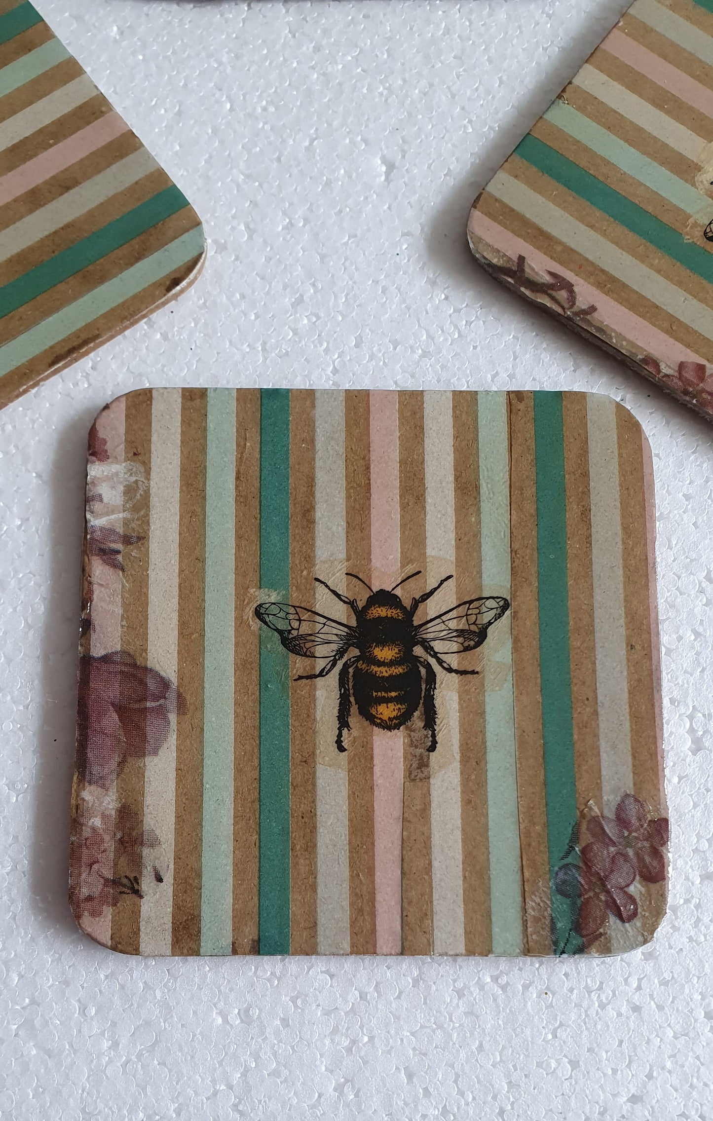 Decoupage Stripes Flowers and BumbleBee Coasters Set Of Four Home Decor Gift