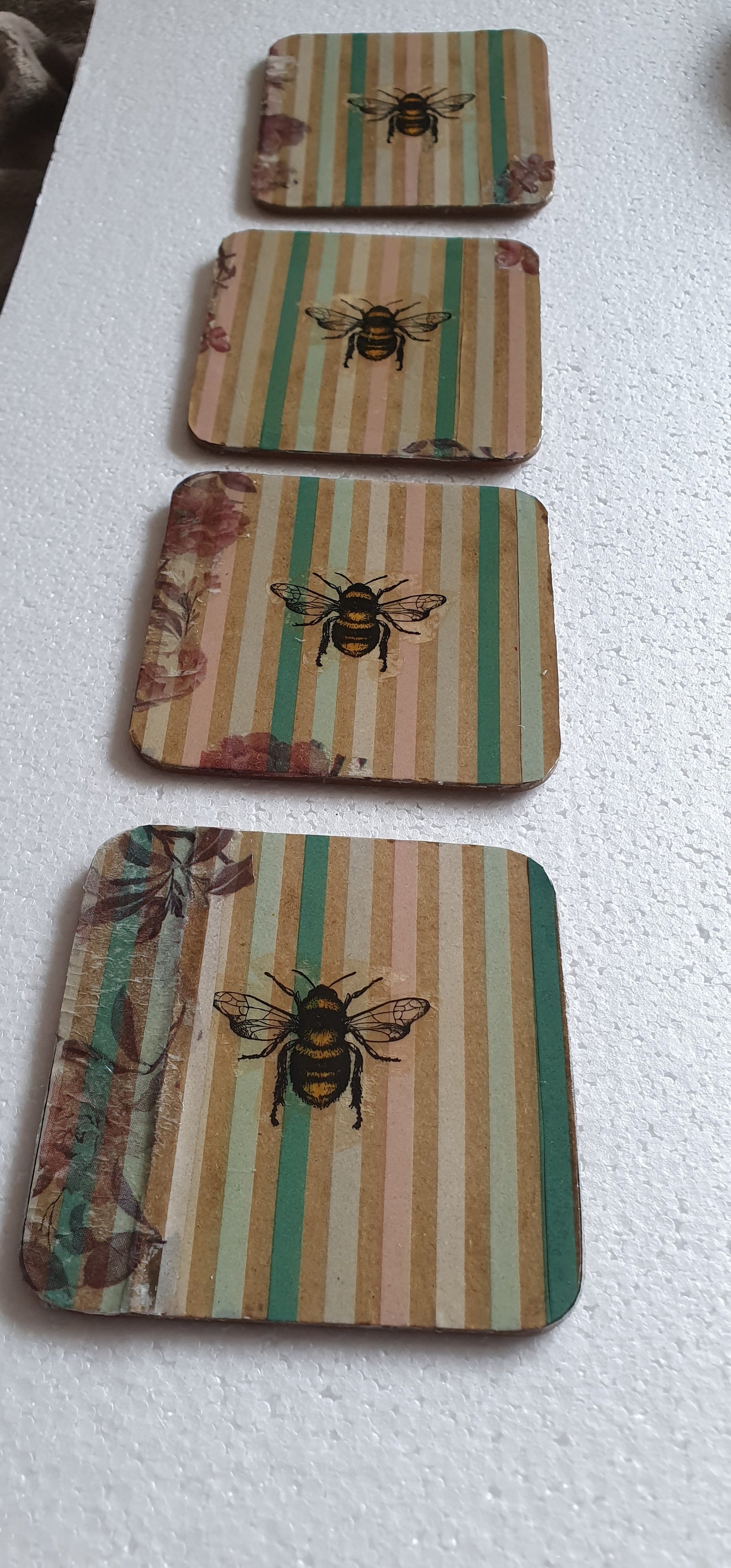 Decoupage Stripes Flowers and BumbleBee Coasters Set Of Four Home Decor Gift